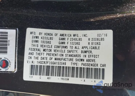 2016 Honda Accord Lx from USA, damaged, VIN 1HGCR2F35GA150546